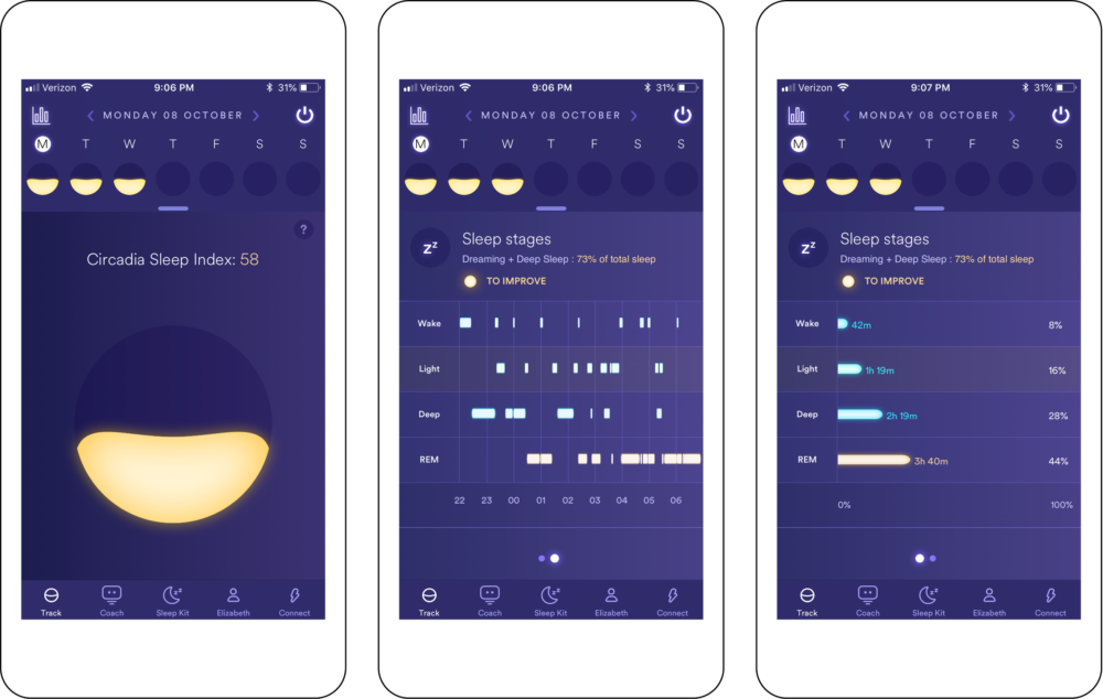 Three screenshots of the Circadia sleep app