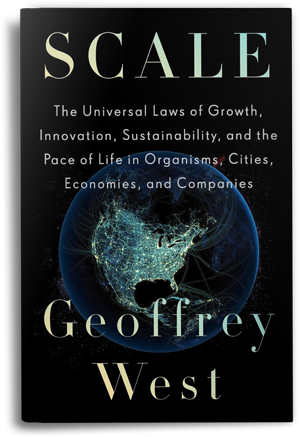 The book cover of Geoffrey West's "Scale," depicting a black background with a globe showing North America at night.