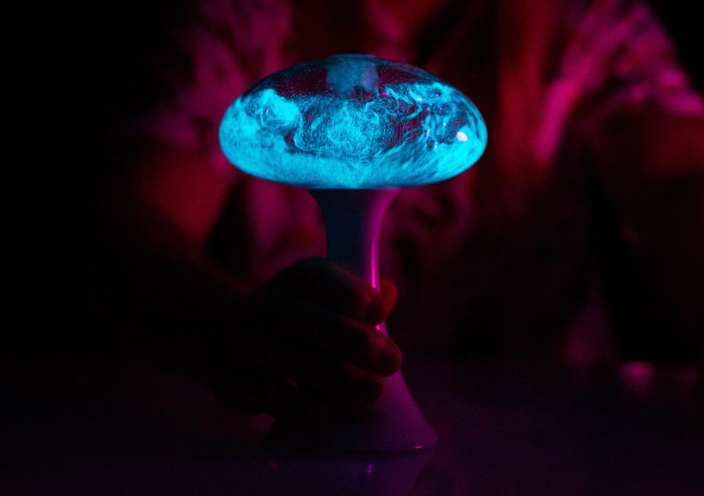 A lamp that lights up with bioluminescent single celled organisms.