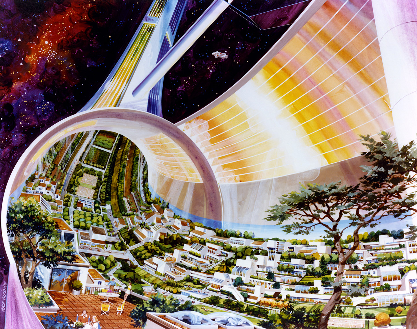 A painting from the 1970's envisioning a space colony in outer space.