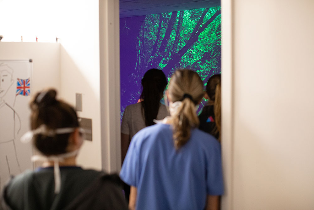 Nurses moving into a room to enjoy projections of nature.