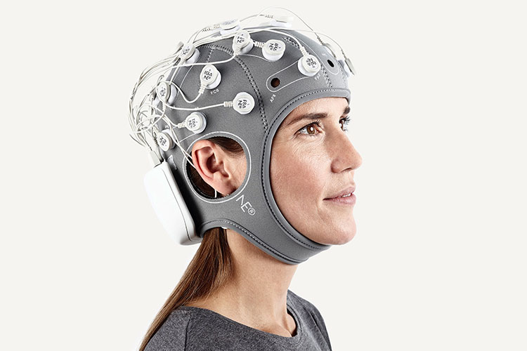 A photograph of the Neuroelectrics brain-computer interface hat.