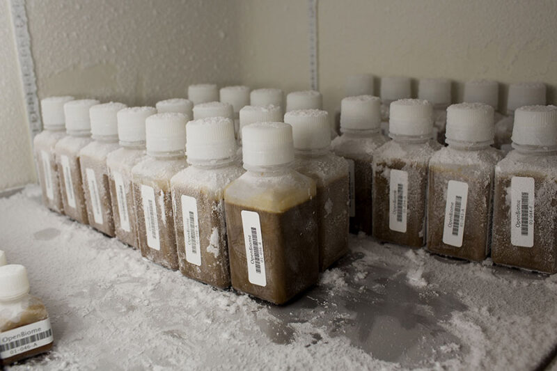 A photograph of stool transplant specimens in a freezer.